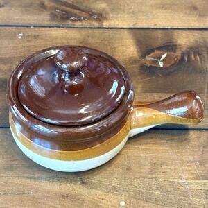 VTG 1970s 70s Brown Stoneware Bean Pot French Onion Handle Soup Bowl & Lid